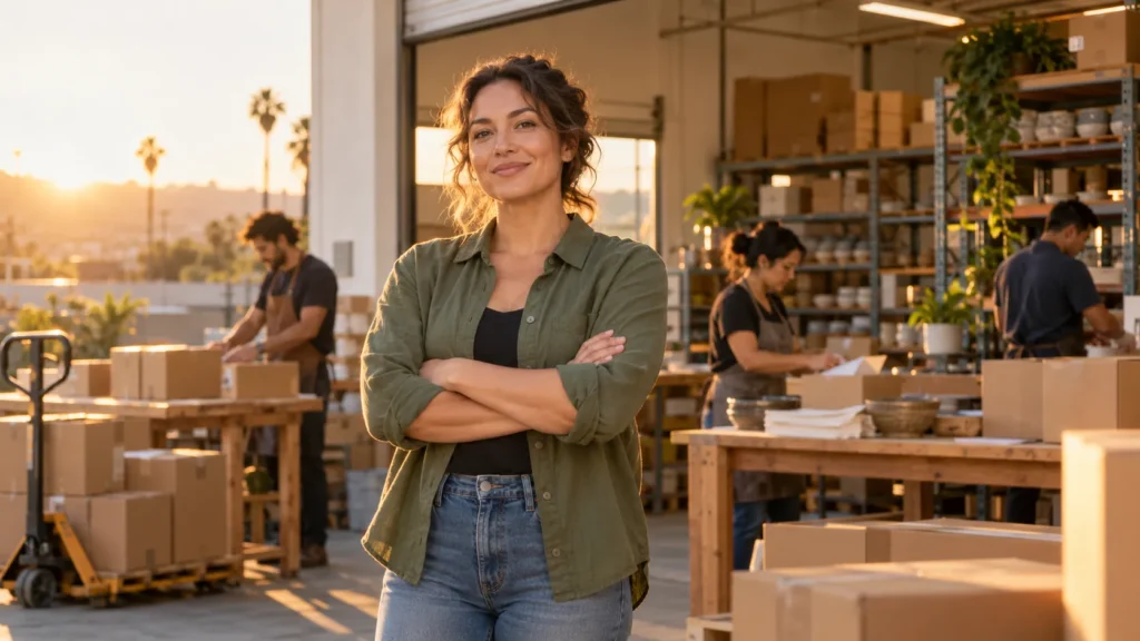 California small business owner standing confidently in front of their warehouse