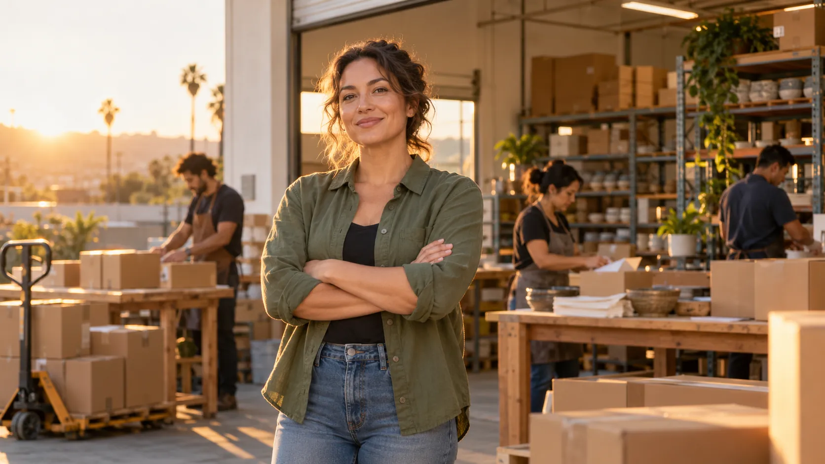 California small business owner standing confidently in front of their warehouse