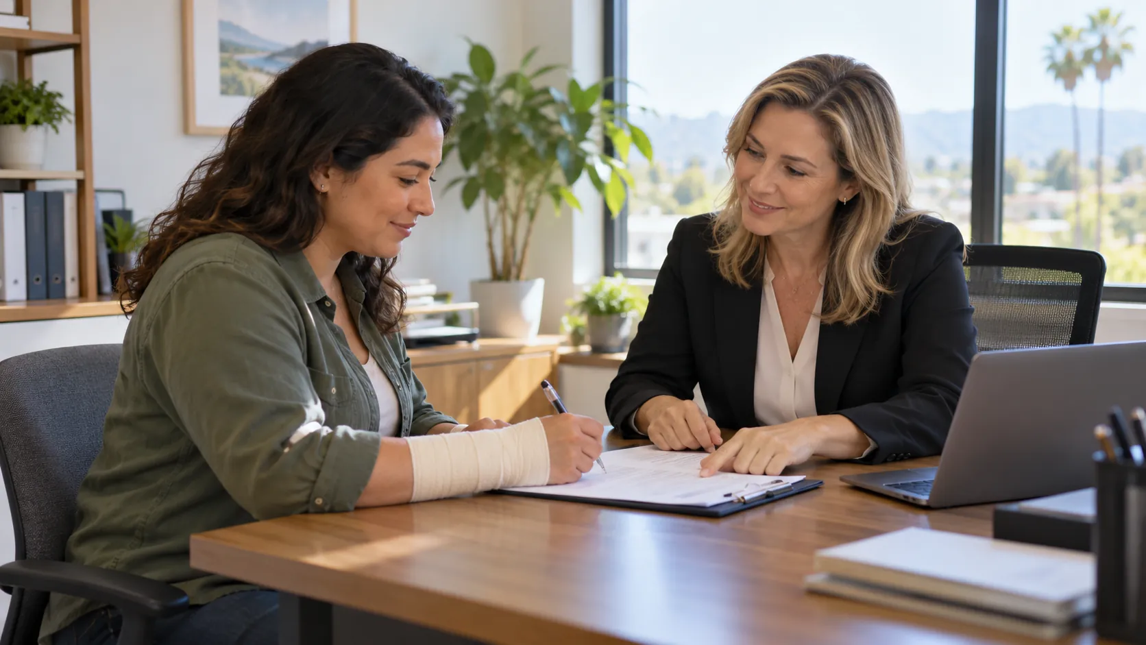 Worker with bandaged wrist filing a workers compensation claim with HR manager