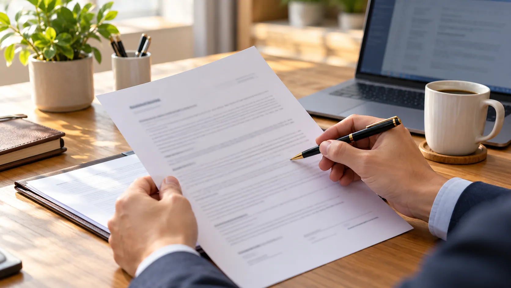 Hands reviewing a workers compensation insurance policy document on desk