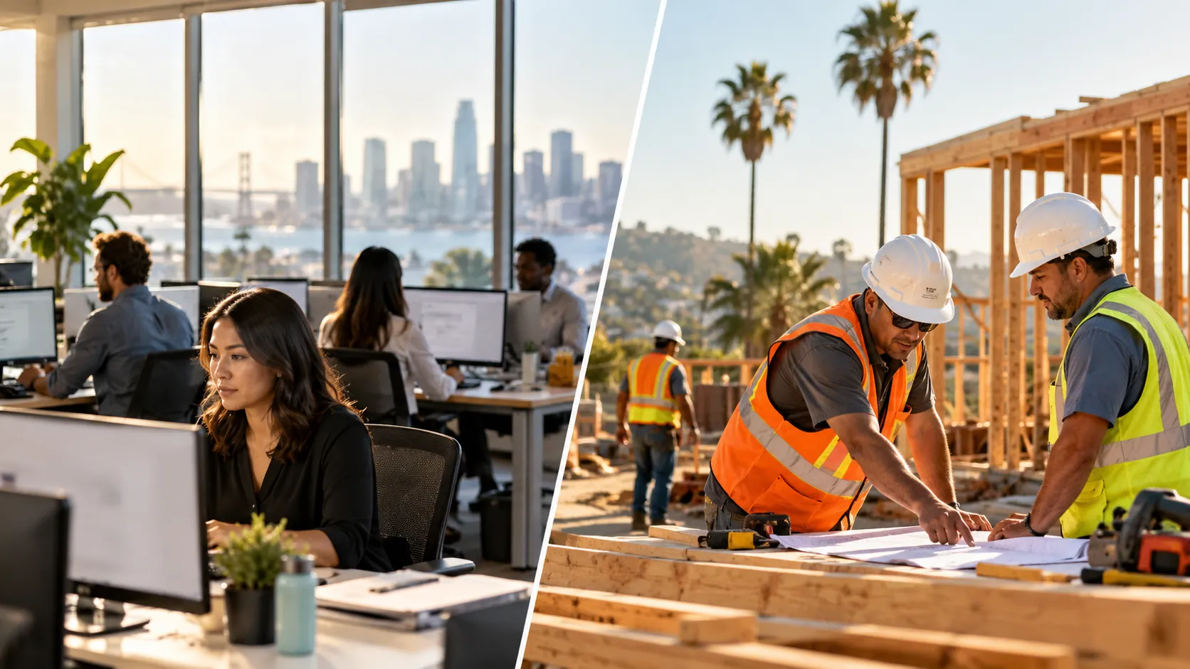 Split scene showing California office workers and construction site workers