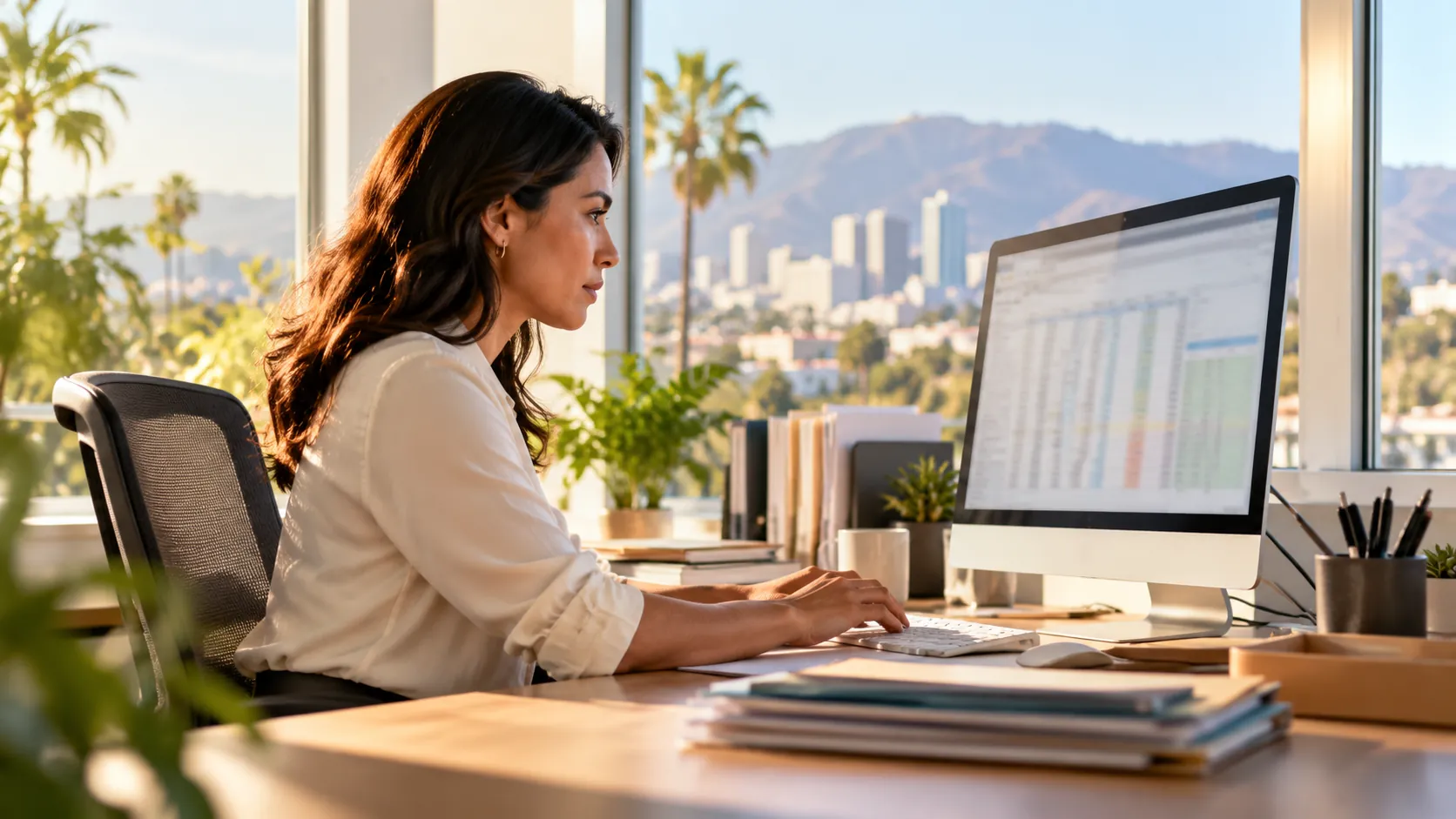 HR professional working on payroll classification spreadsheet in California office