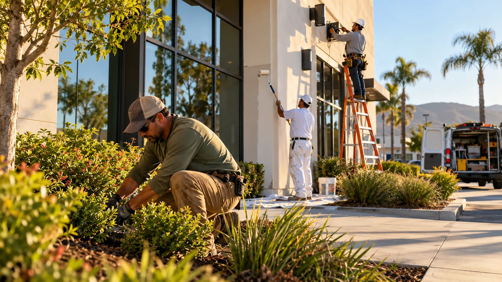 Multiple tradespeople working on a California commercial building exterior