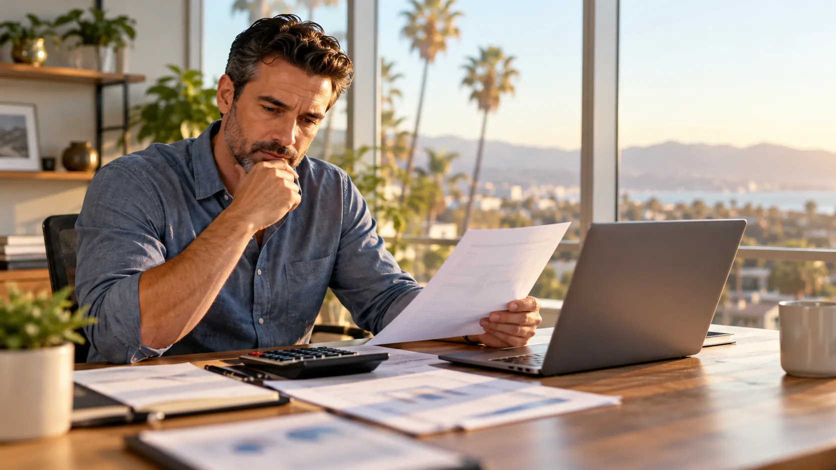 California business owner reviewing workers comp costs with calculator and laptop