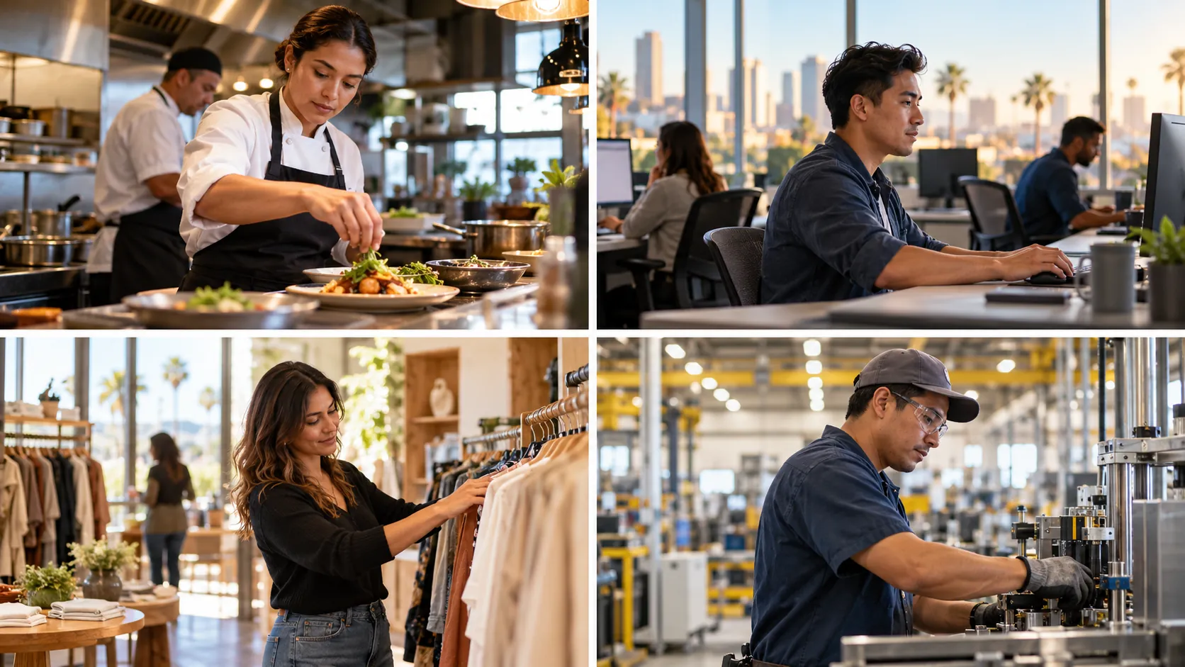 Four panel grid showing California workers in restaurant kitchen, tech office, retail store and manufacturing floor