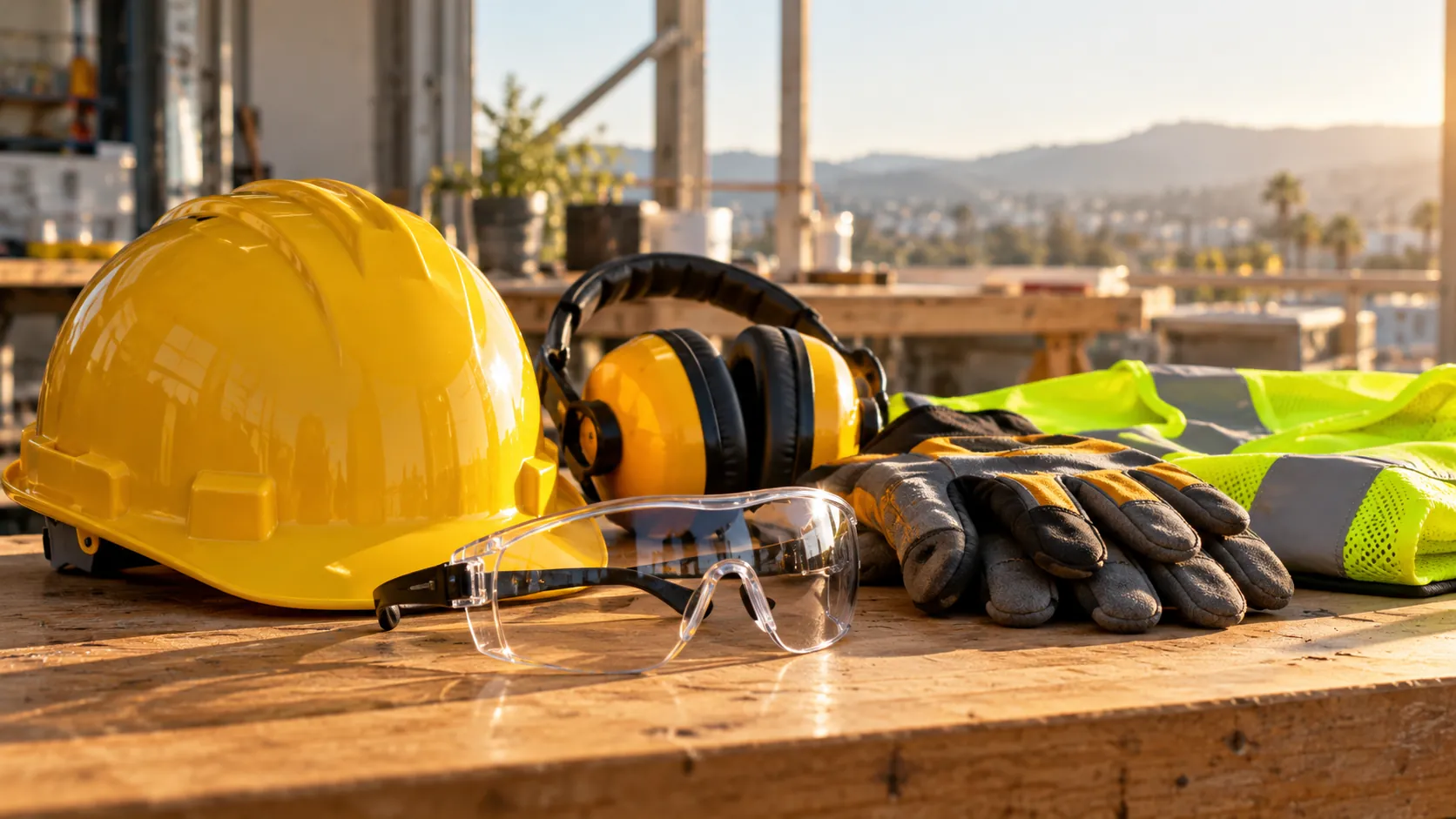 Safety equipment arranged on workbench including hard hat, safety glasses, gloves, ear protection and hi-vis vest