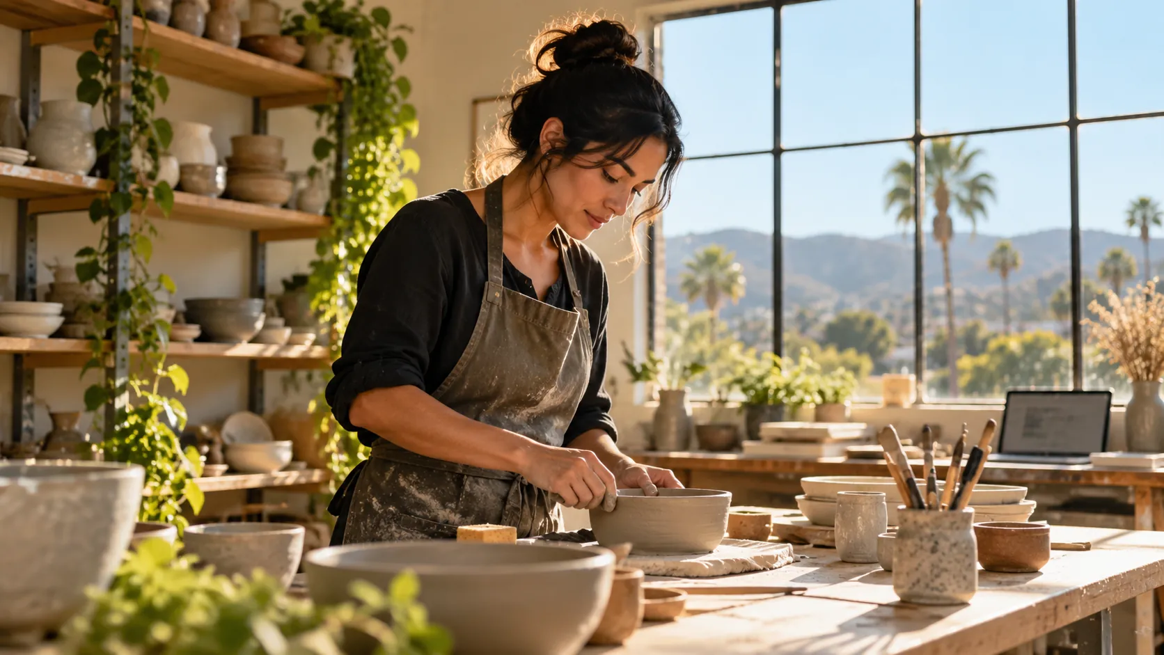 Sole proprietor working alone in a small California workshop