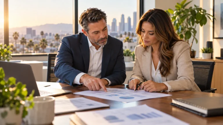 Business owner and insurance broker reviewing EMR report together