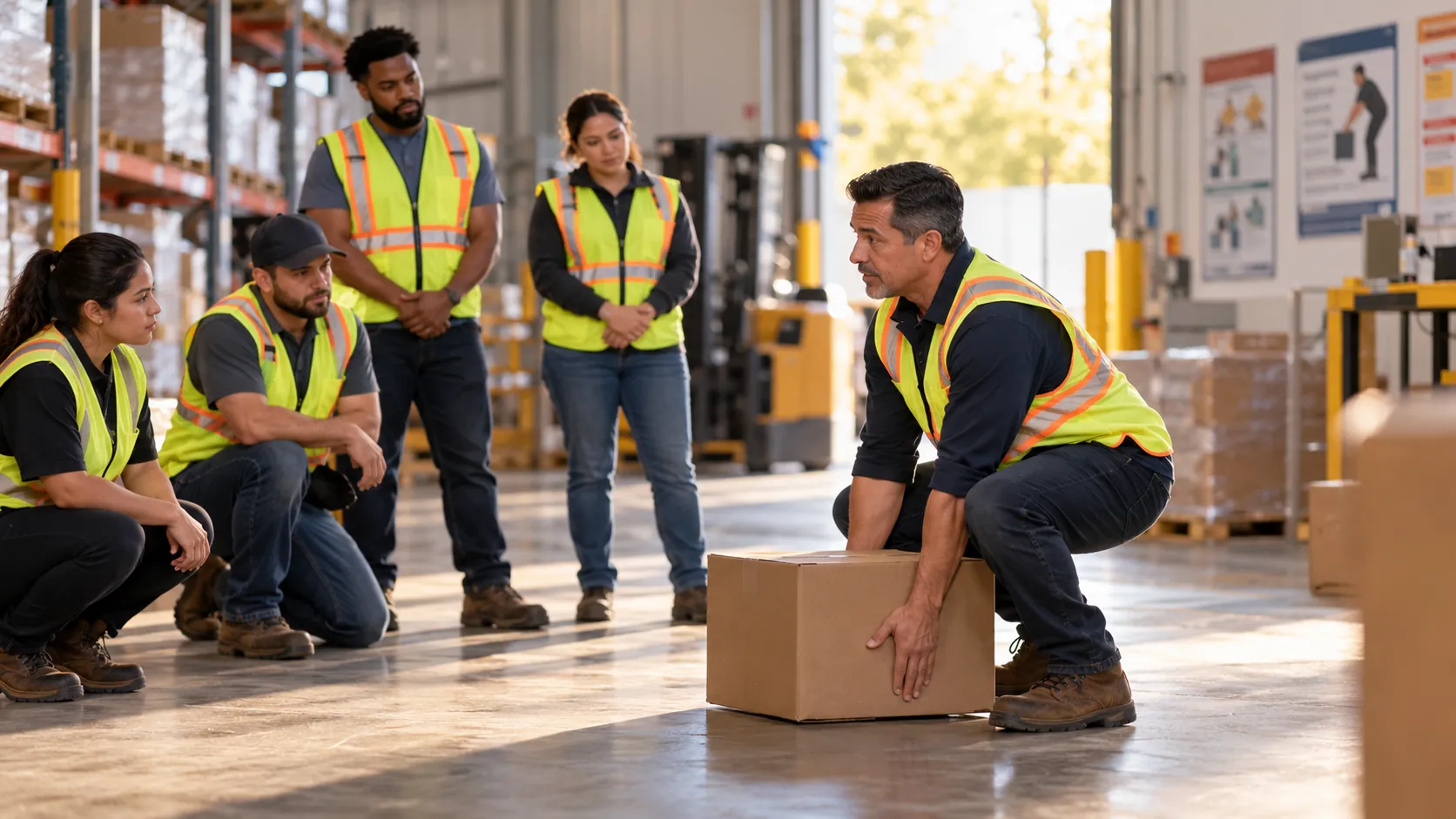 Warehouse employees attending a workplace safety training session