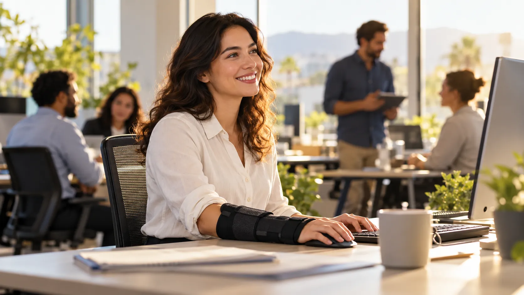 Employee with arm brace performing light duty office work and smiling