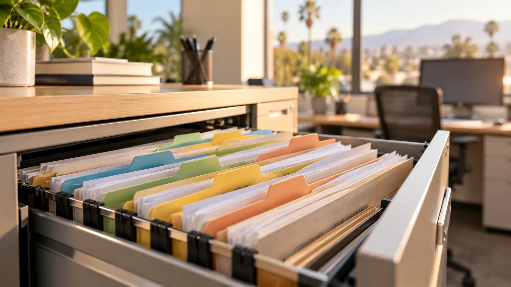 Neatly organized color coded filing folders in a cabinet drawer