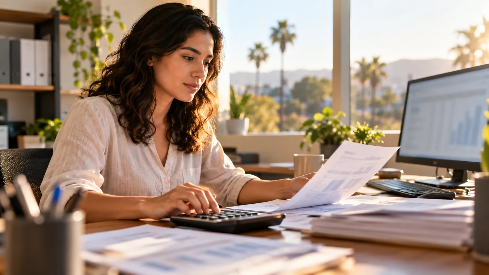 Bookkeeper working on payroll processing at a computer in small business office