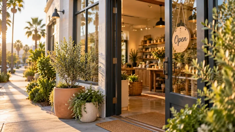 Exterior of a small California retail shop with open door welcoming customers