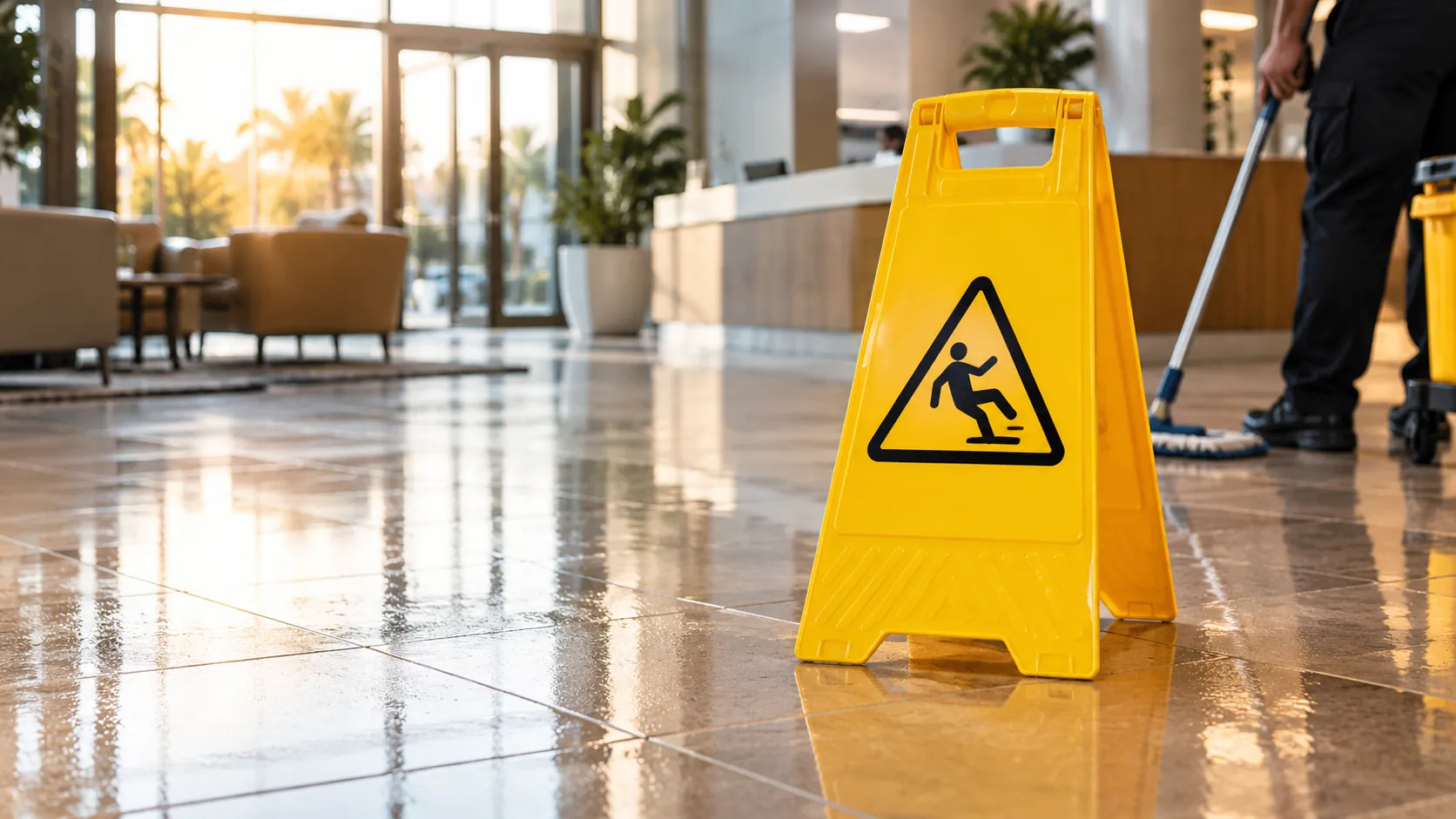 Wet floor caution sign on freshly mopped tile floor in commercial building