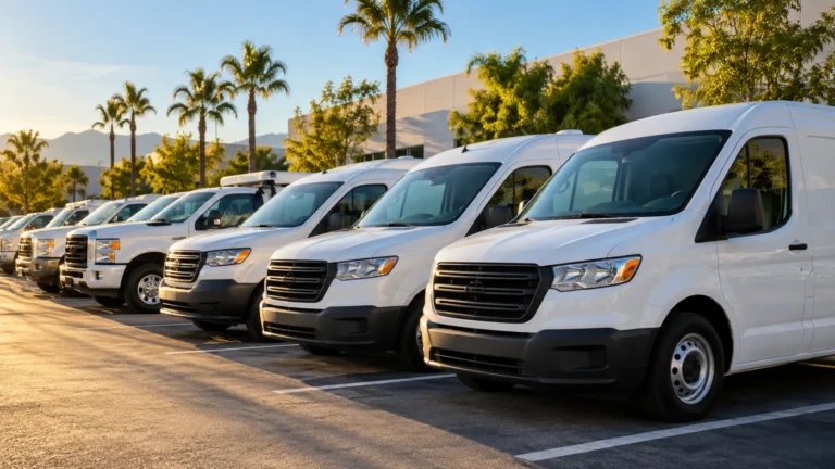 Fleet of clean white work vans parked at a California commercial lot