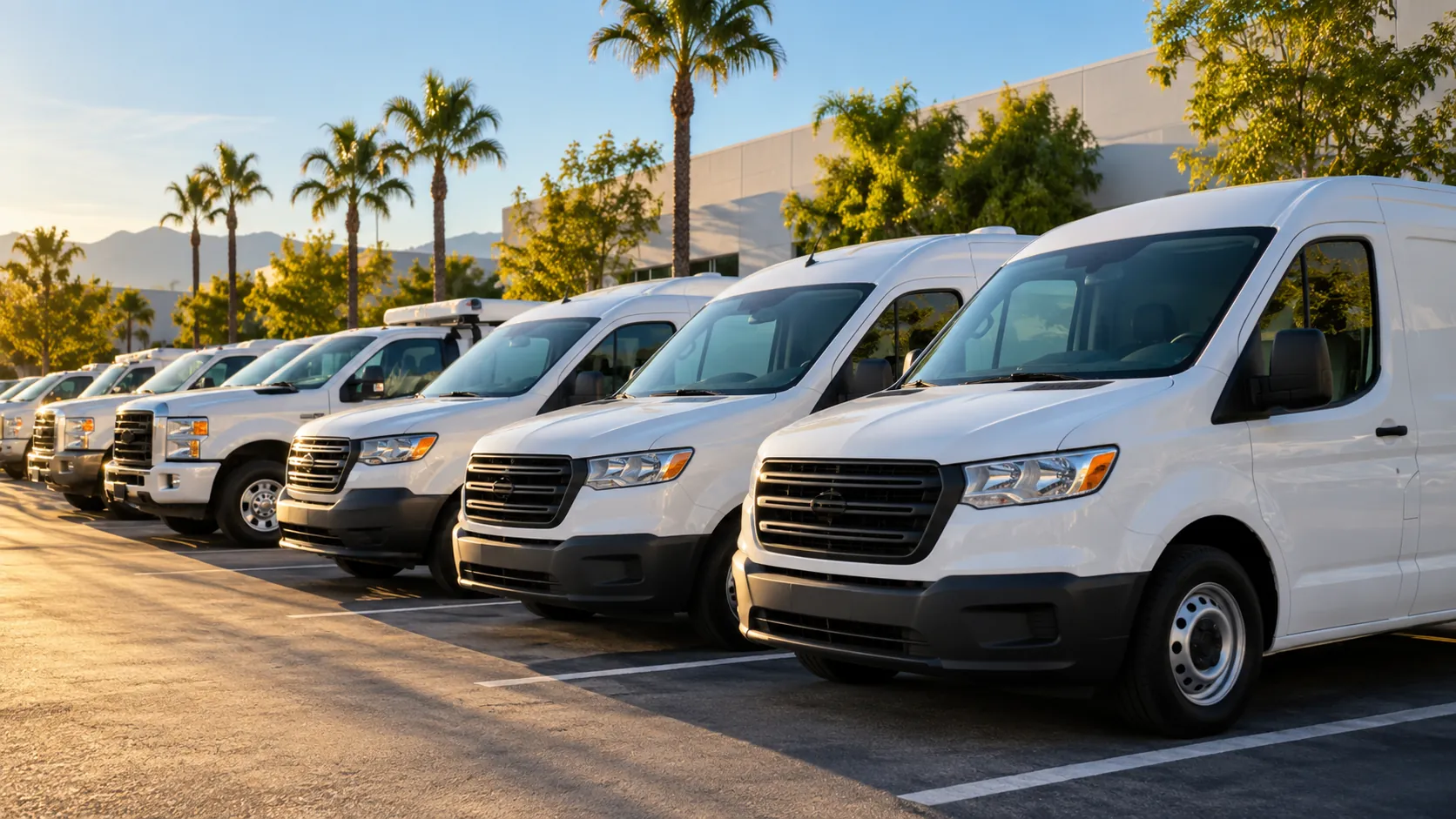 Fleet of clean white work vans parked at a California commercial lot