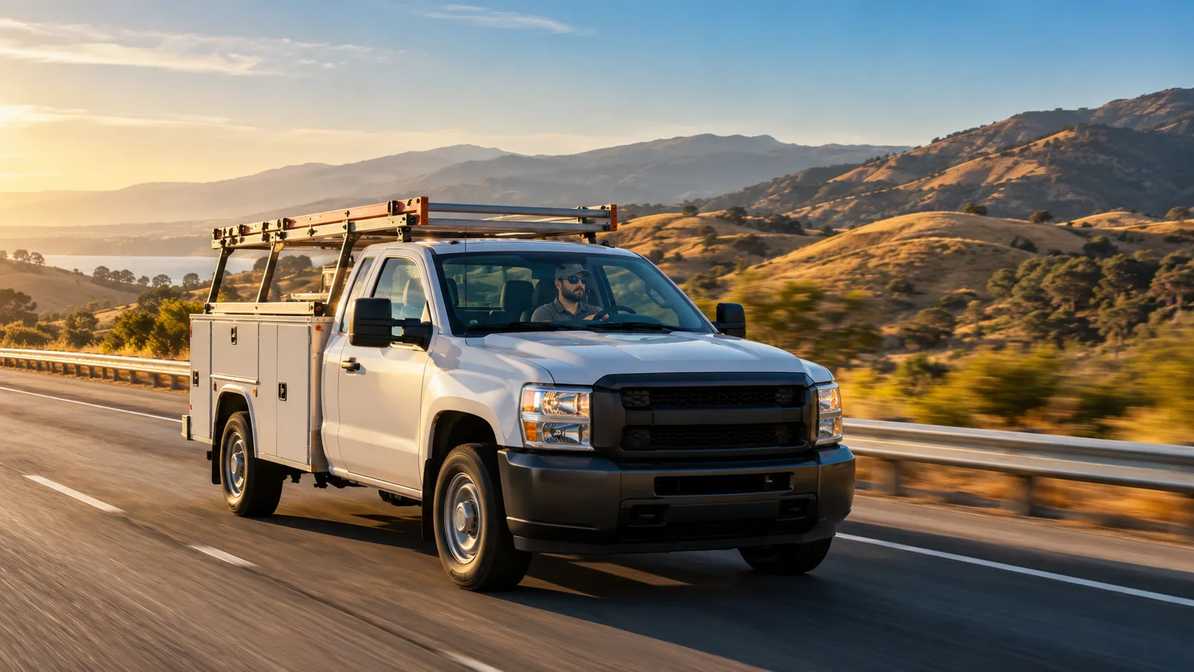 Commercial vehicle driver in work truck on a California highway