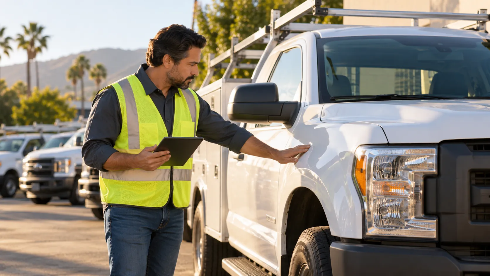 Fleet manager inspecting work truck and taking notes on tablet