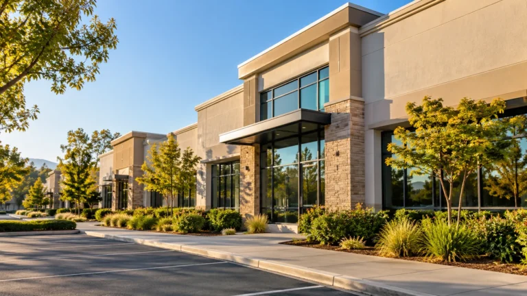 Exterior of modern California commercial building with landscaping and blue sky