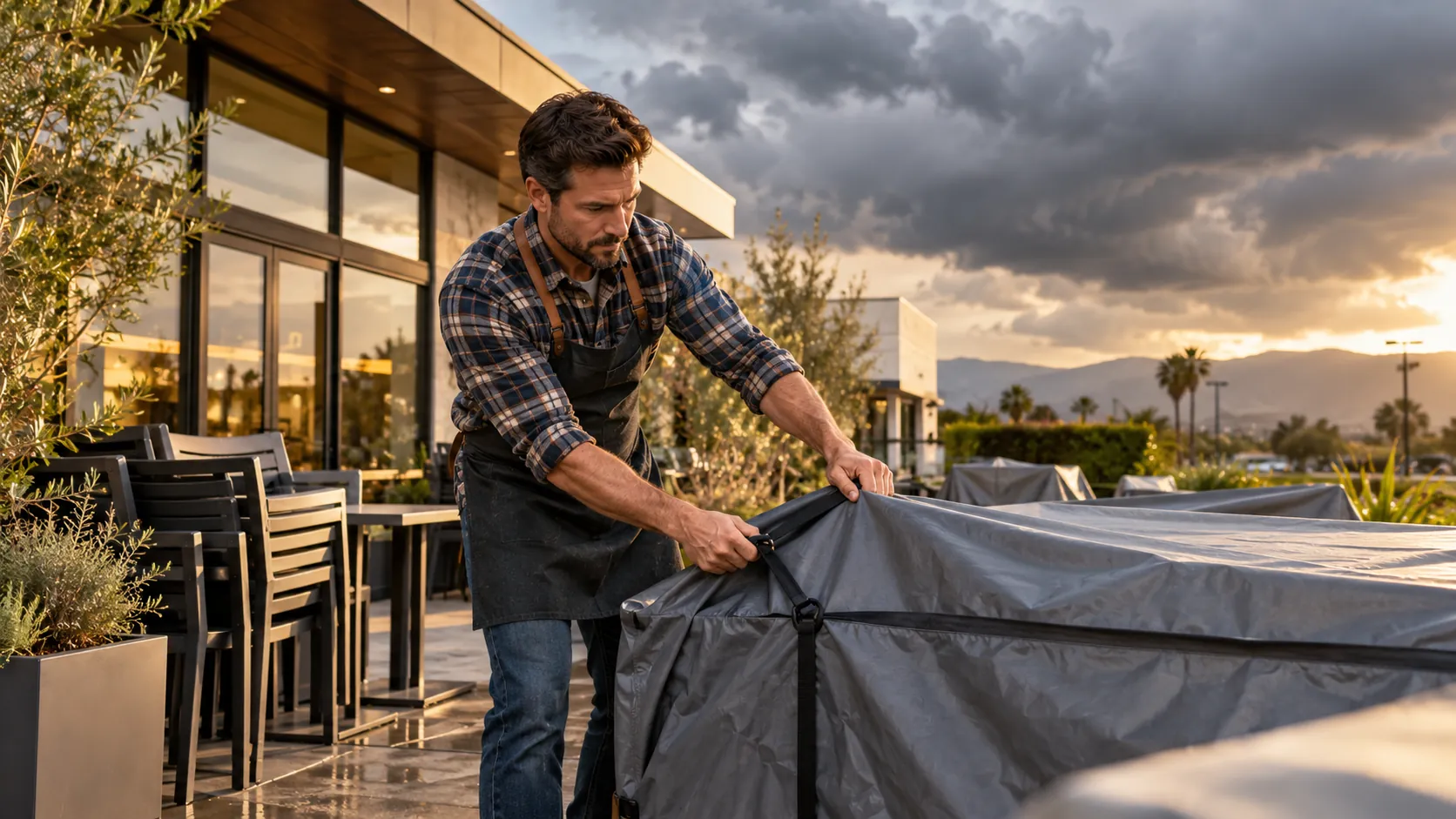 California business owner securing outdoor equipment ahead of severe weather