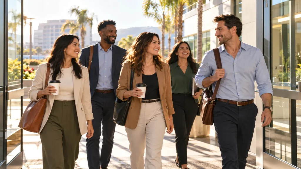 Diverse group of California employees walking into a modern office building