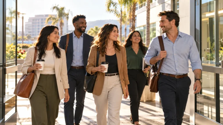 Diverse group of California employees walking into a modern office building