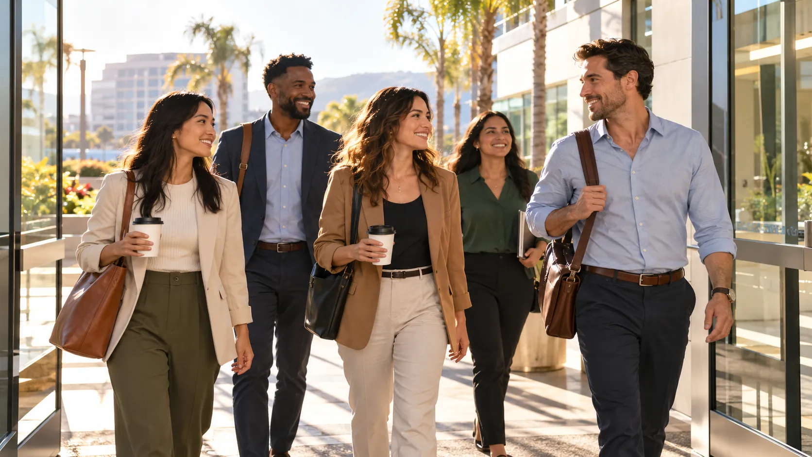 Diverse group of California employees walking into a modern office building