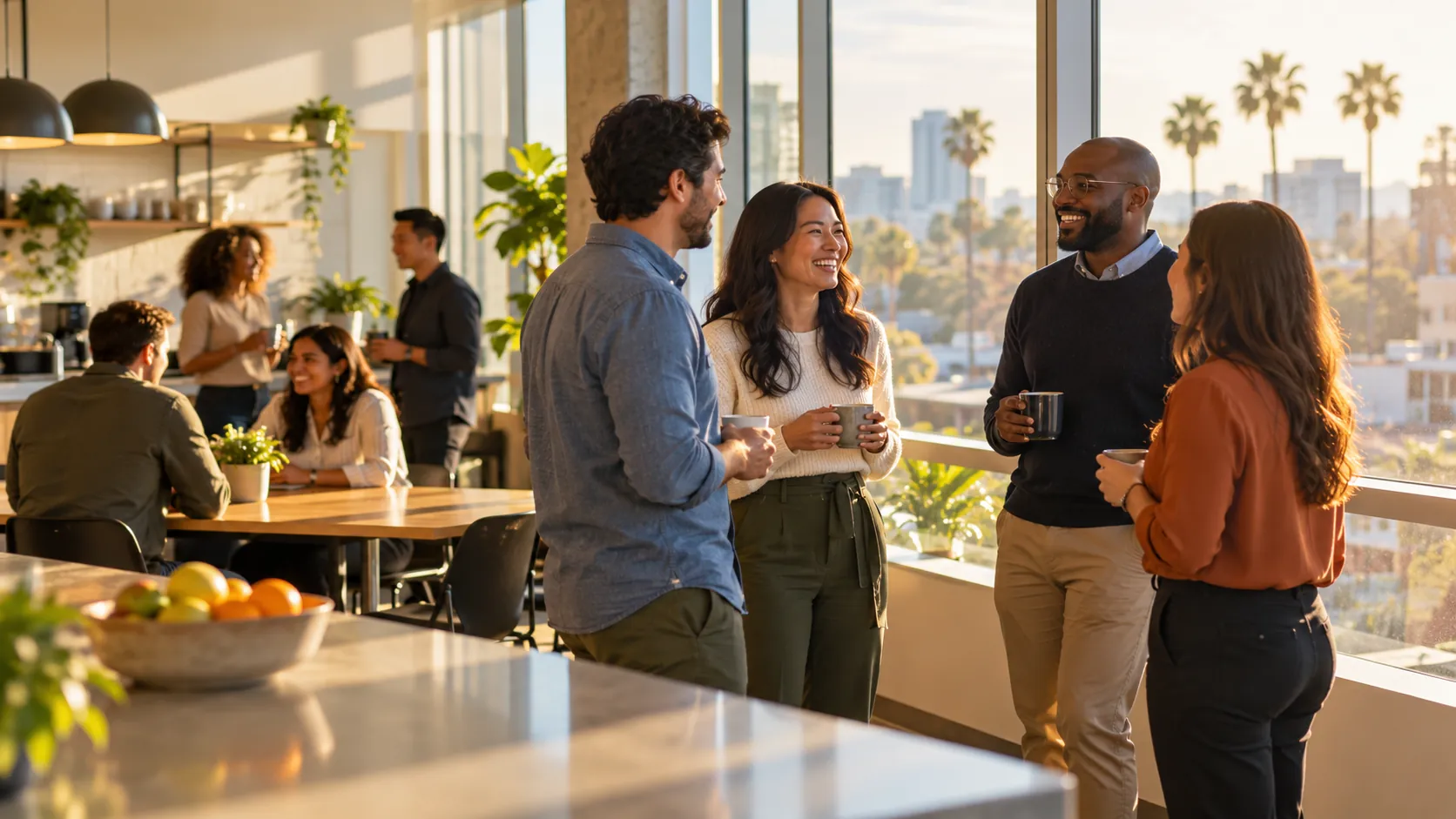 Employees in modern California office wellness room with standing desk