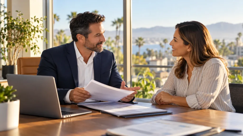 Diverse group of employees in modern California office break room with natural sunlight