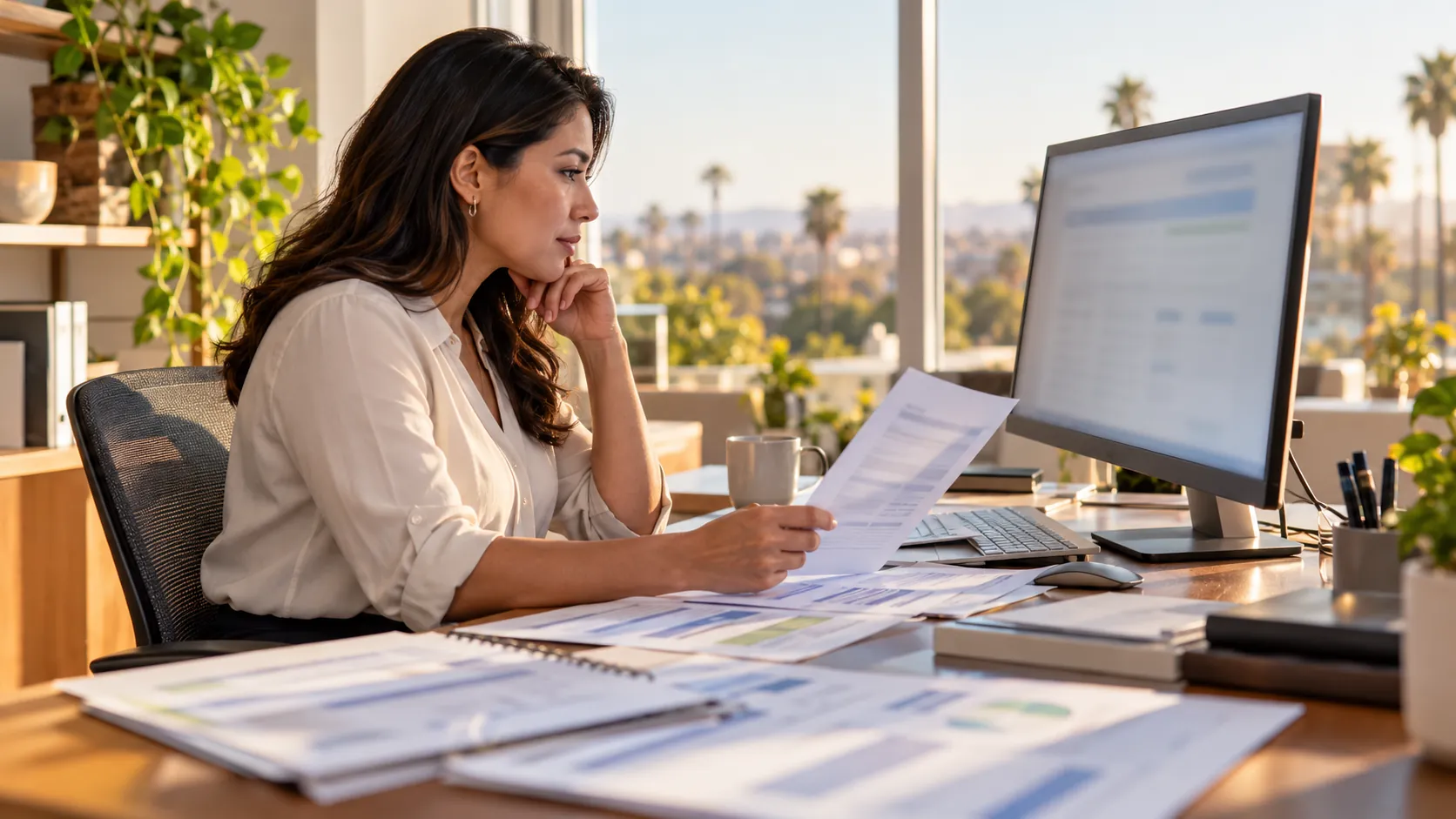 Insurance broker meeting with small business owner reviewing documents in bright office