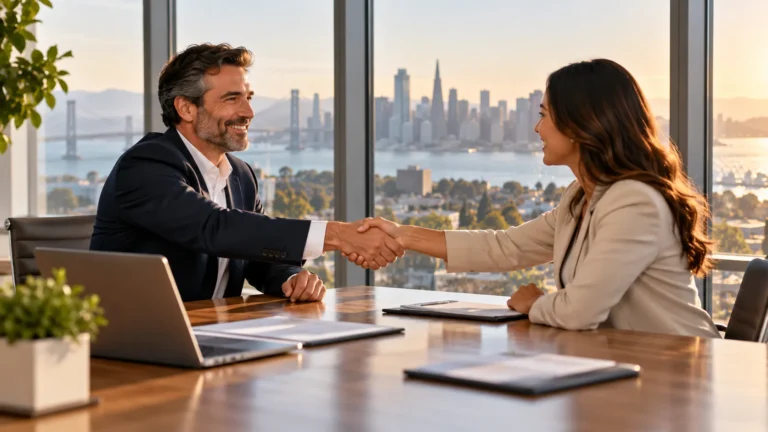 Two business professionals shaking hands across conference table in modern office