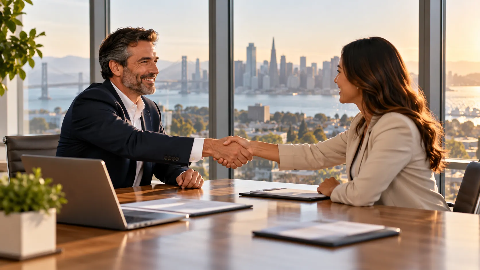 Two business professionals shaking hands across conference table in modern office