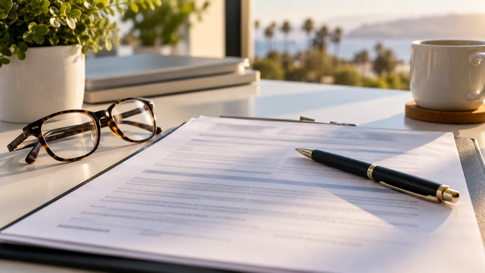 Close up of insurance certificate document with pen and reading glasses on desk