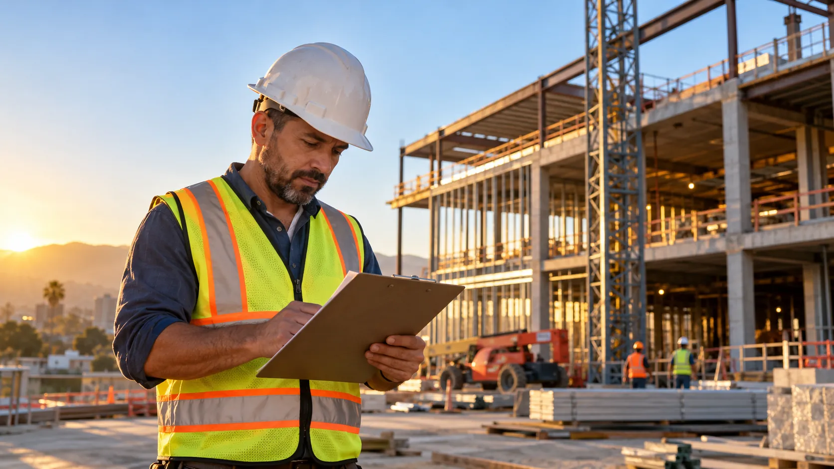 General contractor reviewing insurance paperwork at active California construction site