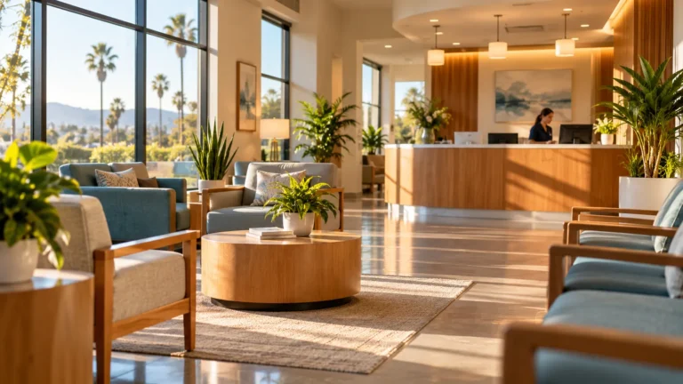 Bright modern California medical clinic waiting room with reception desk
