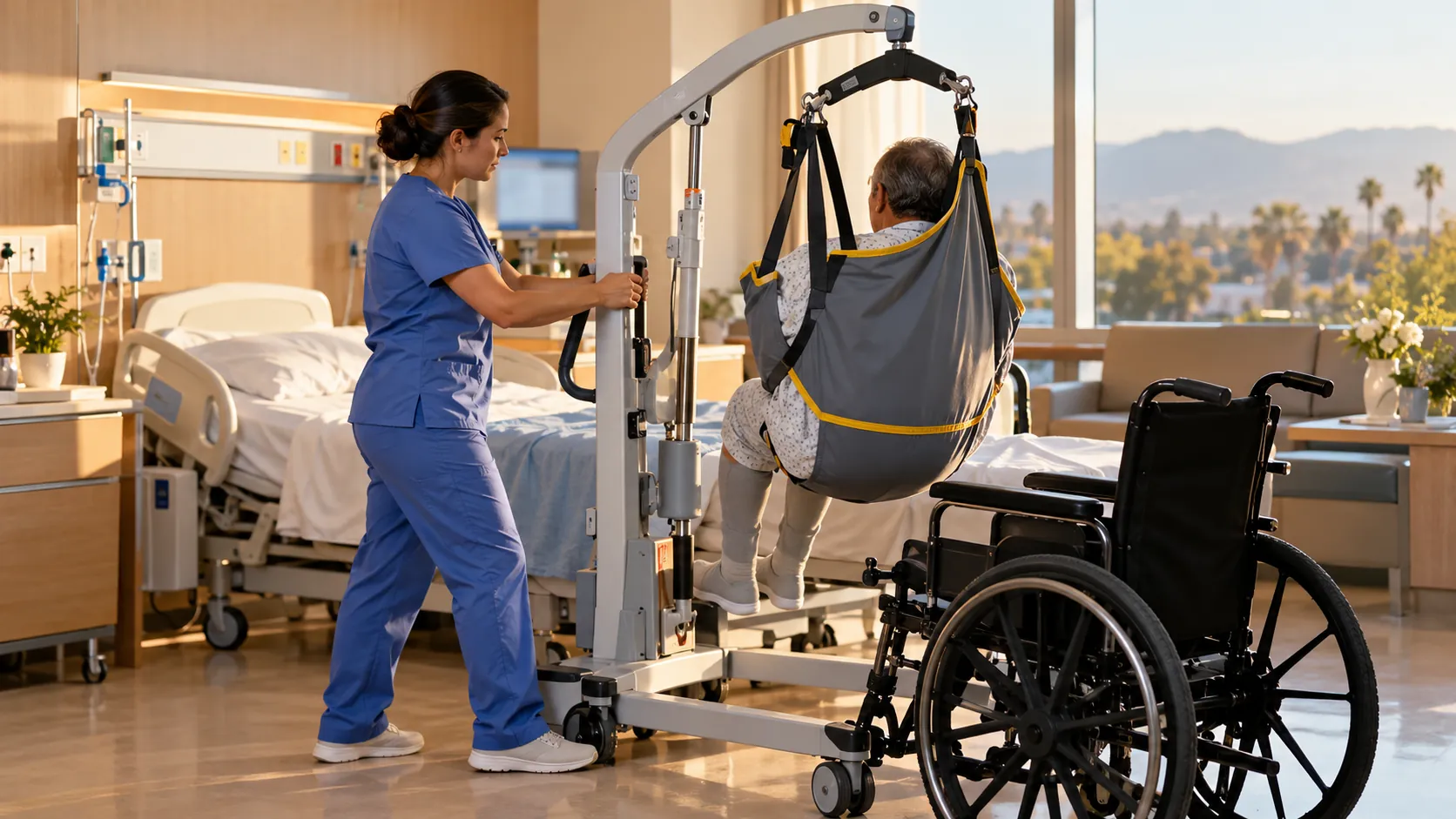 Nurse using mechanical patient lift for safe patient transfer in hospital room