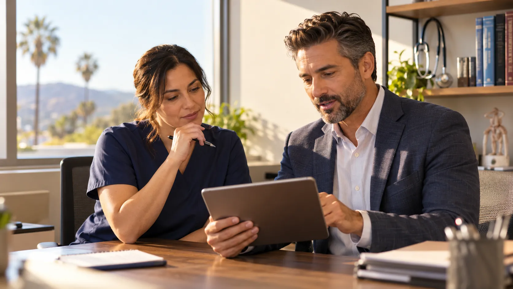 Insurance broker reviewing documents with medical office manager in healthcare facility