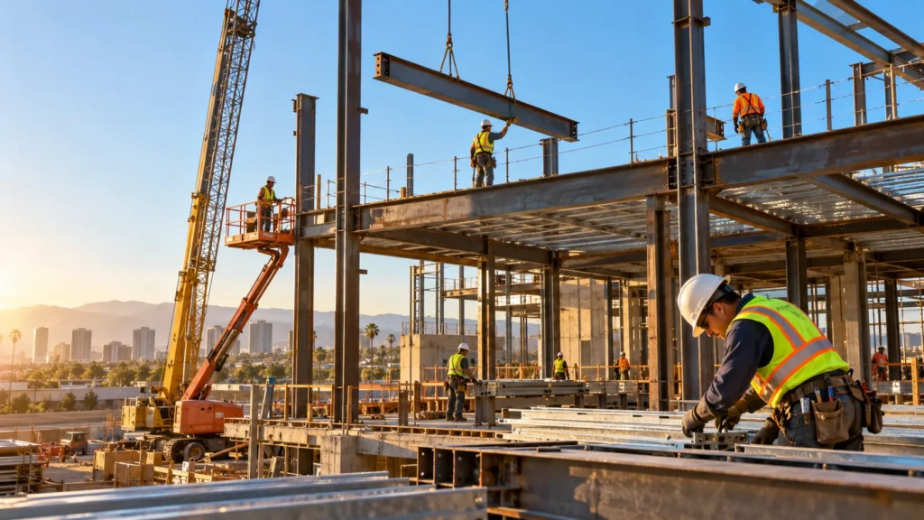 Active California commercial construction site with steel framing and workers