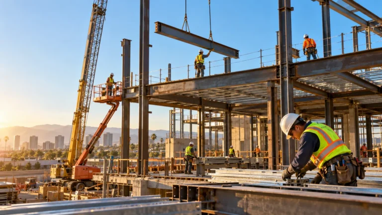 Active California commercial construction site with steel framing and workers