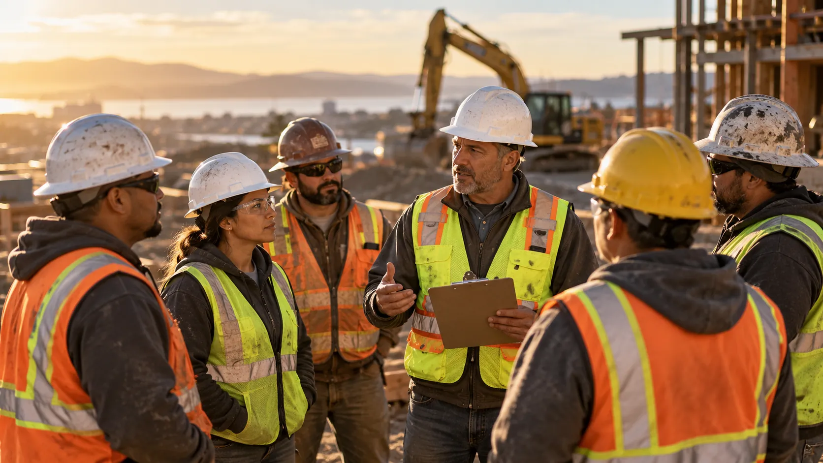 Construction workers gathered for morning toolbox talk safety meeting on job site