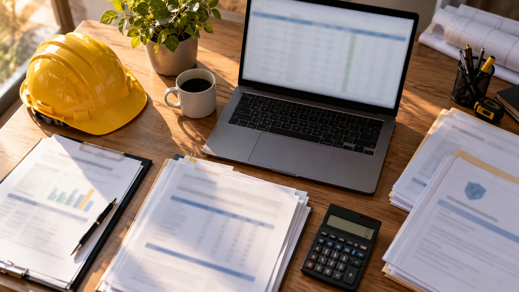 Construction company desk with organized payroll reports calculator and hard hat