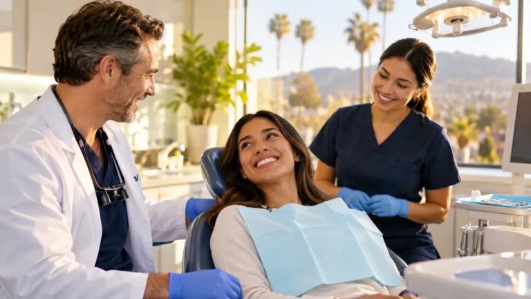 Employee smiling in modern dental examination chair with dentist nearby