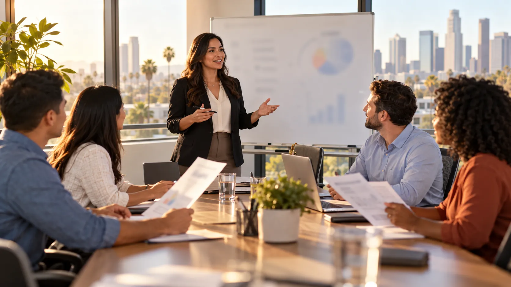 Employees reviewing benefits documents together at conference table