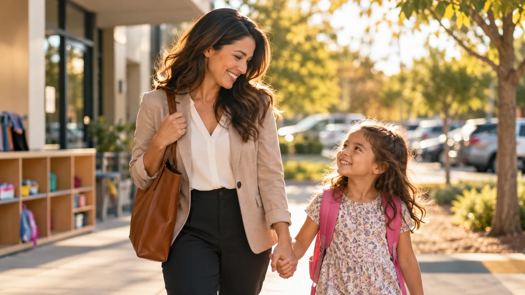 California professional picking up child from school both smiling warmly